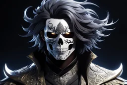 skull, man hair , mask, cover face in 8k solo leveling shadow artist dynamic pose, oshare kei, hurufiyya, rtx, intricate details, highly detailed, high details, detailed portrait, masterpiece,ultra detailed, ultra quality