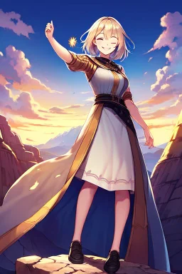 Girl standing on edge of cliff, head towards the sky, eyes closed, sun on face, thankful and smiling