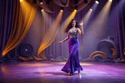 modern stage with gray-dark yellow blueish violet theme artistic decoration , color full dynamic lighting, a beautiful lady in maxi dress with shining silver jewels ,curvy long hair,dancing, 3D recursive fractal structure animating background