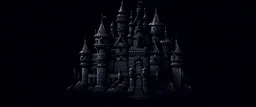generate a draw minimal style black , an old castle in a dark room and a lot of items