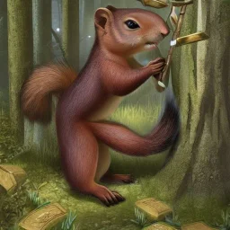 Fantasy image,wooded background, Giant squirrel,attacking a person,d&d