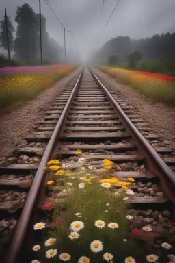 a train tracks in it a lot of colorful wild flowers , a train shows is coming forward , foggy, cloudy gray sky, and thunders , a side view of a dear legs stocked and it can not move
