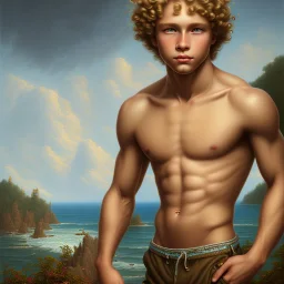 intricate, sharp focus, highly detailed, digital painting, Paul Lewin and Kehinde Wiley, full body image of a beautiful 12 year old boy with long, blonde curly hair and light blue eyes, smiling, shirtless, in front of an distant beach