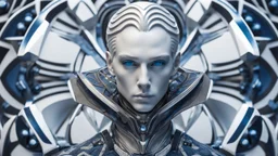 a pale scandinavian man in a swirl of three patterns, in the style of cybernetic sci-fi, intricately sculpted, serene face, futuristic victorian, exquisite realism, dark white and blue, fantasy art, perfect face, perfect eyes, perfect nose, show chest, CAMERA: Nikon Z7 | FOCAL LENGTH: 105mm | SHOT TYPE: Close-up | COMPOSITION: Centered | LIGHTING: Soft, directional | PRODUCTION: Food Stylist| TIME: Evening