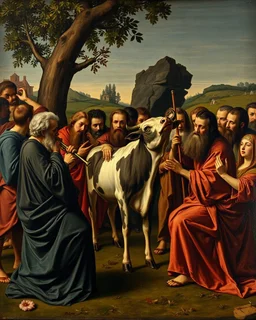 Bosch painting style ,nightmare, a group of people from the 2nd century stoning around a cow playing the trumpet