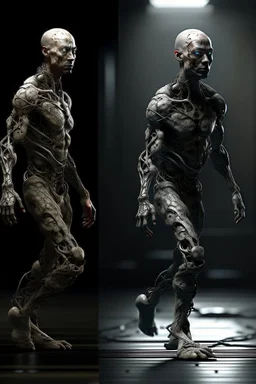 Cyborg young man evolving | flesh is growing absorbing the Metal | concrete floor | detailed | fine art | highly detailed | smooth | sharp focus | ultra realistic | full body portrait view, Mysterious