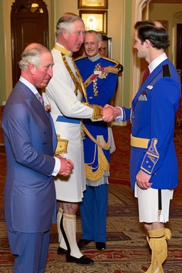 The Prince of Wales in traditional dress shakes hands with a guest in a blue suit, drawing room of St James's Palace, during a reception