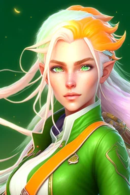 fantasy setting, woman ranger traveler with orange and white hair, pastel green eyes, kind, soft facial traits