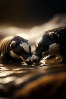 macro photo of badgers kissing over waves ,shot on Hasselblad h6d-400c, zeiss prime lens, bokeh like f/0.8, tilt-shift lens 8k, high detail, smooth render, down-light, unreal engine, prize winning