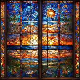 mesmerizing stained-glass four panel window depicting daytime, twilight, midnight and sunrise, mosaic with defined tiles, ultra hd, realistic, vivid colors, best quality, fragile, dynamic, transparency, photorealistic