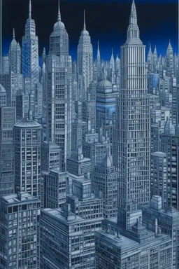 Fine lines draw of a dream city , nyc building , gray and only one building painted dark blue