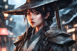 Beautiful girl ronin in 8k anime realistic drawing style, kindred mask, close picture, rain, apocalypse, intricate details, highly detailed, high details, detailed portrait, masterpiece,ultra detailed, ultra quality