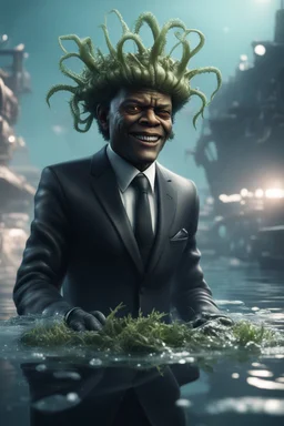 xcom's terror from the deep grinning giger samuel jackson alien with suit and tie and sea weed crown crawling while hovering over the icy docks in fallout 4 setting, bokeh, downlight, prize winning, depth of field, in the style of ivo caprino