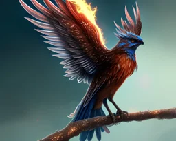 a detailed illustration of a black and blue phoenix sitting on a branch of a tree, phoenix bird wallpaper, luminescent body, glinting wings, full body, symmetrical body, realistic, glowing wings, sharp focus, meticulously detailed, soft evening sky, 64k