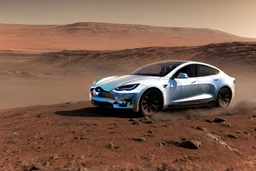 A Tesla 'Model Y' is drifting at high speeds, at the Cydonia region on Mars. (CINEMATIC, WIDE ANGLE LENS, PHOTO REAL)