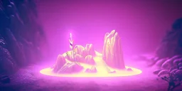 single pink crystal, on an altar in a foggy cave, cinematic,