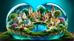 A stunning 3D render of miniature worlds, captured in floating transparent bubbles. Each bubble showcases a unique scene, such as quaint villages, mystic, gardens, tropical island, enchanting castles, alien palnet, or whimsical fairy-tale landscapes. The miniature towns with featuring quaint houses, markets, and charming residents. In the gardens colorful delicate flowers and lush greenery. The castles are majestic and grand, with towers, big gates. Unusual and captivating plants coexist with ma