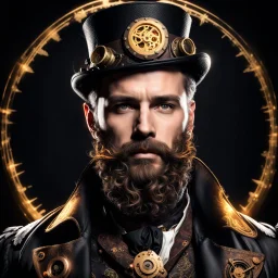 On a black background, in the center, there is a man with a beard wearing Steampunk attire. Behind the person, there is a subtle glow, creating a captivating effect.