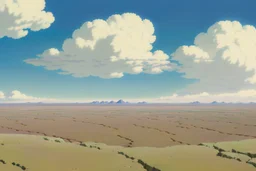 A breathtaking wide-shot reveals a desolate landscape of Alberta's sand-swept desert under a stark, cloudless sky. Scattered across the vast expanse, futuristic biodomes punctuate the barren vista. These domes, shaped like elongated teardrops, are encased in a translucent, phosphorescent material that glistens under the harsh, unfiltered sunlight. They stand as an oasis of life amidst the barren desert, with patches of lush greenery visible through their translucent walls.