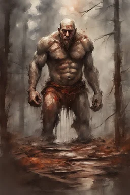 a stupid and crazy stone giant walks through the forest and breaks, vivid emotions, watercolor, photorealism, dark fantasy, bad weather, gloomy day, dark world, sketch art, fine lines, grunge, sensual, darkness, by Raymond Swanland & Alyssa Monks & Anna Razumovskaya