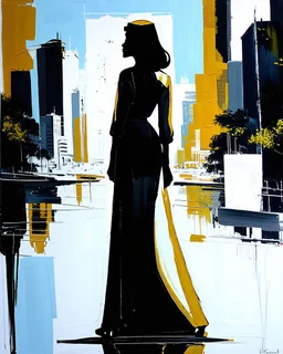 Gold & black an abstract painting by karen henderson, in the style of captivatingly atmospheric Saudi Arabia cityscapes, silhouette of beauty lady, josef kote, whitewashed narratives, flattened perspective, reflections, kōji morimoto --v 5.2 --ar 2:3 --s 600