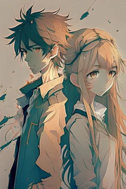 anime style, a girl with another with a boy, side by side