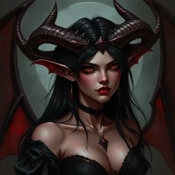 female demon, dark fantasy, realism, stylised, tiefling