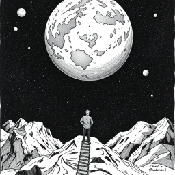 a alone man. pen and ink, birds eye view, illustrated by hergé, Background space and earth