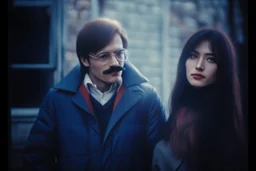 a young man and a beautiful woman standing next to each other, 1 9 8 0 s analog video, with mustache, small glasses, cold scene, out of focus background, house on background, the woman has long dark hair, photo realistic