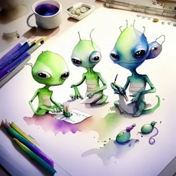 create some aliens doing daily task work, watercolour painting