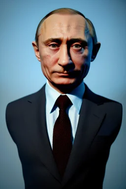 Waist up muppet Portrait, Vladimir Putin as muppet doll, Black suit, photo studio, blue background, unreal engine 5, concept art, art station, god lights, ray tracing, RTX, lumen lighting, ultra detail, volumetric lighting, 3d.