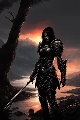 A formidable warrior girl in black armor, on the background Amazing gloomy landscape, flooded with sunset, mountains, trees, fabulous scary hero, , juicy emotions, painting, dark fantasy, bad weather, gloomy day, dark world, by James Paick