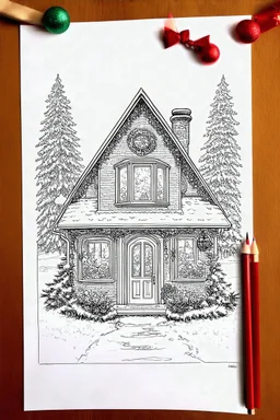 coloring page of a Christmas drawing, A4, white background, black and white, magical style, dreamy, detailed, easy drawing, christmas house