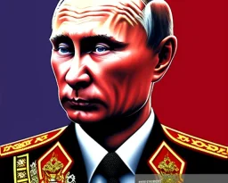 evil Russia president Vladimir Putin satan with fangs , Moscow in fire