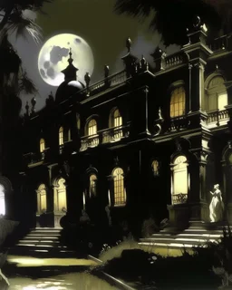 A black dark palace with a moon painted by John Singer Sargent