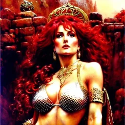 Drawing of beautiful face,'beautiful,Busty fit Red Sonja',intense stare, ancient skintight armor, balanciaga fashion clothe painting by gaston bussiere, greg rutkowski, yoji shinkawa, yoshitaka amano, tsutomu nihei, donato giancola, tim hildebrandt, Oil on canvas, cinematic composition, extreme detail,fit full head inside picture,16k