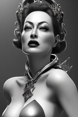 Joan Crawford as evil queen in black leather, busty, cleavage, dominatrix, curvy, angry, stern look. unreal 5, octane render, cinema4d, dynamic lighting, dramatic lighting, 4k, redshift render, highly detailed, hyper realistic,anthropomorphic