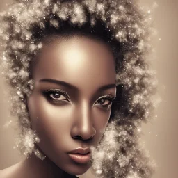 wonderfull african woman, curves, platinum long hair, hair covering one eye, ultradetailed fine art photo of a african , weet face portrait, snow flakes particles, 35 mm