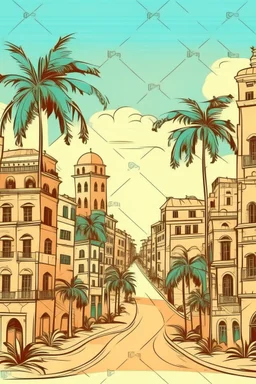 a city with palm trees old cartoon