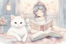 cute chibi cat mother reads a fairytale book to his baby kitten in a bed, flower tapestry, in a bedroom in candlelight, S<AI, watercolor and black ink outlines, soft, shading strokes, light pastel colors, ethereal, cinematic postprocessing, bokeh, dof