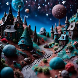 Detailed creepy landscape made of modeling clay, village, stars and planets, Roger Dean, naïve, Tim Burton, strong texture, Ernst Haekel, extreme detail, Max Ernst, decal, rich moody colors, sparkles, bokeh, odd, giant boy as a background