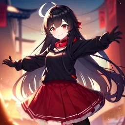 Clear focus,High resolution,High quality, Smiling, Black hoodie with a red collar, Wearing a red skirt, Wearing black long socks, Black Long hair with a ahoge, Red eyes, Wearing black gloves