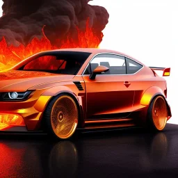 full view of detailed phong shaded rendering of a car made of molten lava