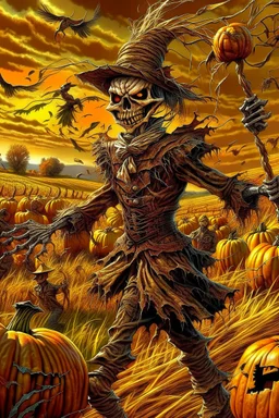 works by Mark Keatley, Josephine Wall, Ellen Jewett, Dan Mumford Cayenne, Victoria Francis. dancing scarecrow with a scary pumpkin head in a field with scarecrows, High Definition HD, High Detail, UHD Pen and Ink Art, Perfect Composition, Detailed Intricacy, Crazy Octane Rendering, Trending on Artstation, 8k Fine Art Photography, Photorealistic Con