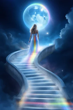 fantastic,Beautiful woman, stairway to heaven whit rainbow, ufos