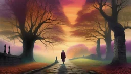 The Enigma of a Day, a surreal landscape where time bends and colors shift, featuring a lone figure standing on a cobblestone path, surrounded by ethereal mist and ancient, towering trees. The sky transitions from deep twilight to a radiant sunrise, symbolizing the mysterious passage of time.