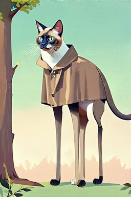 Surrealist minimalist illustration of [siamese cat] with extremely long slender legs, standing in [forest], wearing [a raincoat], under [tree]. Calm composition, full body view, centered, soft pastel gradients in the background, textured painterly style, smooth shading, clean lines. –no multiple characters, no clutter, no photorealism, no busy background