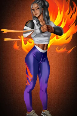 fighter girl with fire in her fist ready to fight tight sport shirt and leggins