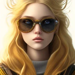 Girl with long wavy brown blond hair, yellow eyes. Wears Hogwarts Hufflepuff uniform, sunglasses with a yellow clip. She has a snowy owl with yellow eyes on her shoulder.