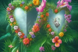 Tropical flowers, realistic heart drawing, crystals, tropical leaves, sacred altar, Fantasy home, cute animal.